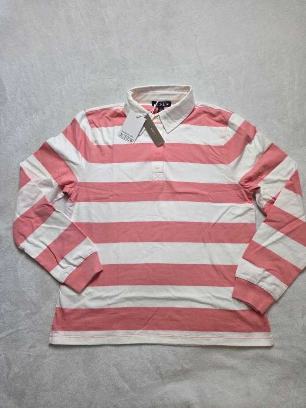 New S J.Crew boyfriend jersey rugby longsleeve polo shirt Ivory Coral stripe
